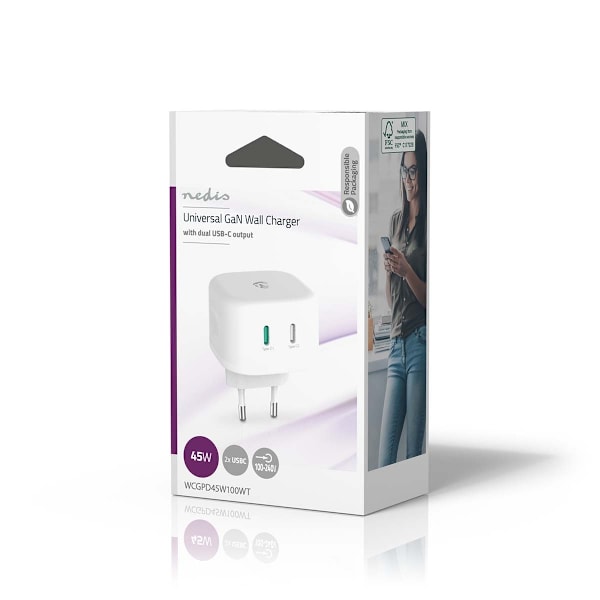 Nedis Väggladdare | 45 W | GaN | PD3.0 45W | Snabbladdnings funktion | 2.25 A / 3.0 A | Antal utgångar: 2 | 2x USB-C™ | Automatiskt val av Spänning |