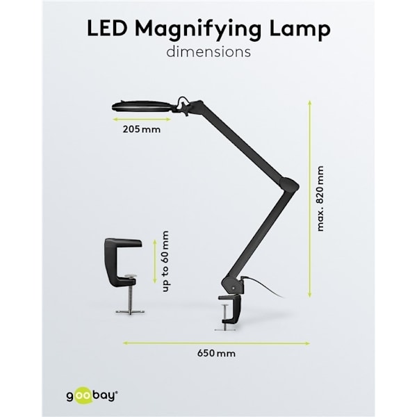 Goobay LED-förstoringslampa med klämma, 10 W, svart 800 lm, ljusstyrka och ljusfärg justerbar, 127 mm glaslins, 1,75x förstoring, 3 dioptrier
