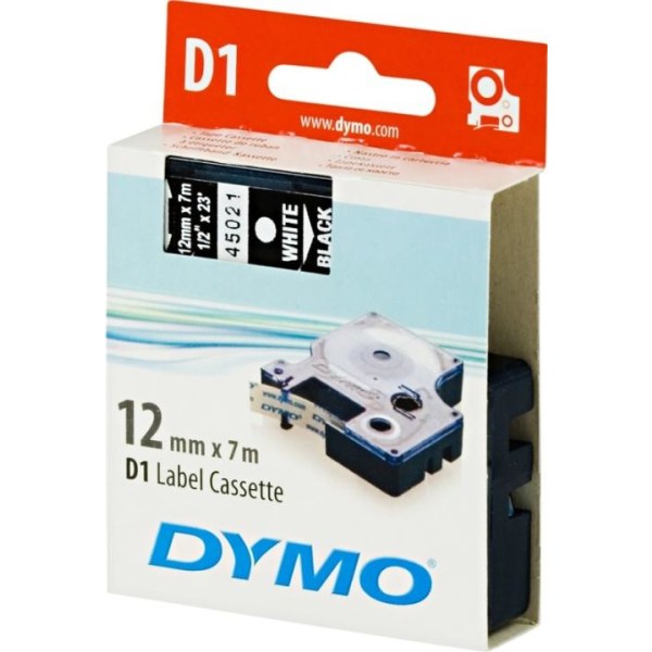 DYMO D1 merkkausteippi, 12mm, musta/valkoinen teksti, 7m - 45021