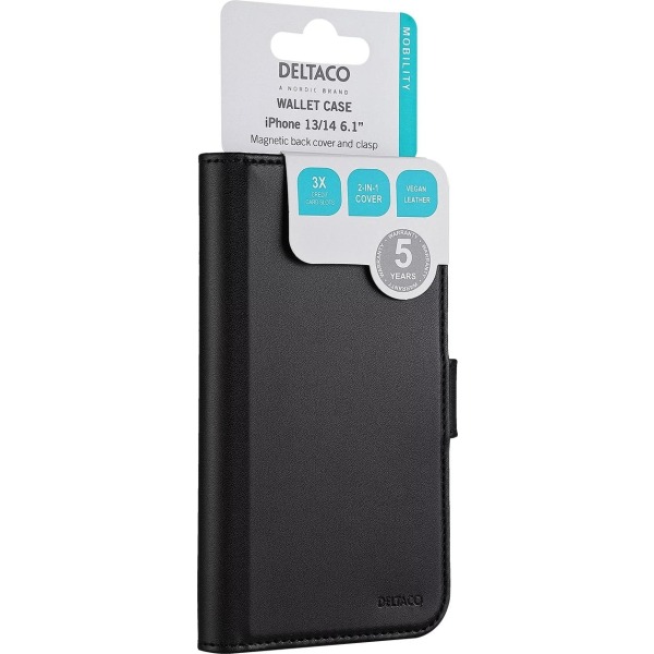 DELTACO plånboksfodral 2-i-1, iPhone 13/14 magnetiskt skal, svar Svart