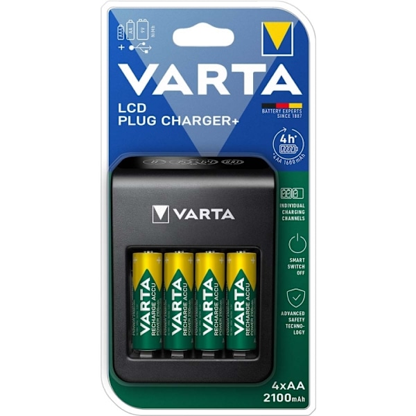 Varta NiMH LCD-stikoplader+ (AA, AAA & 9 Volt) inklusive 4x AA 2100 mAh Sort