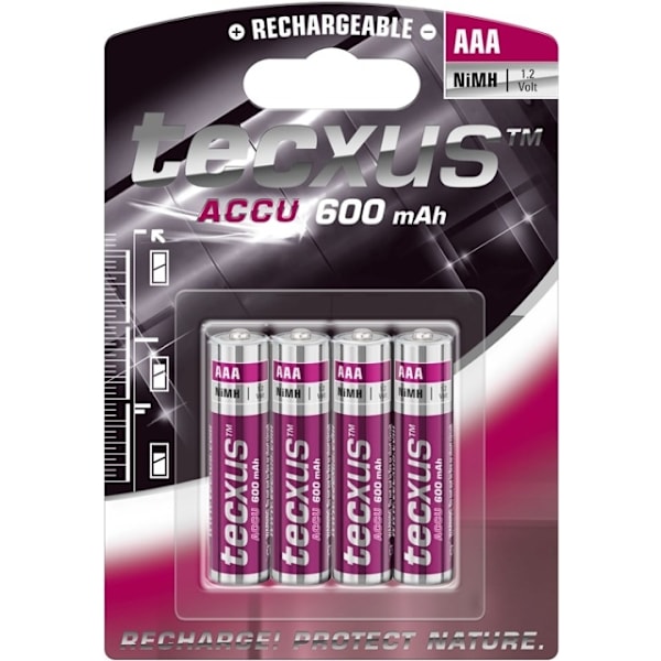 tecxus AAA (Micro)/HR03 genopladeligt batteri - 600 mAh, 4 stk. blister Nikkel-metalhydrid batteri (NiMH), 1,2 V