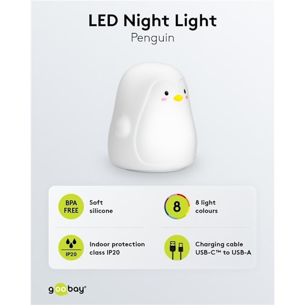 Goobay LED-nattlampa "Pingvin" varmvitt ljus och 7 färgskiftningar (RGB-ljus), med 3 ljuslägen, beröringssensor och Li-ion-batteri (3,7 V/1200 mAh), t