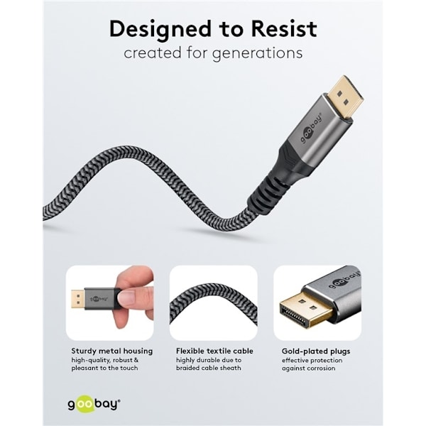 Goobay DisplayPort-kabel, DP 1.4, 1 m, Sharkskin Grey Displayport™ plugg > Displayport™ plugg