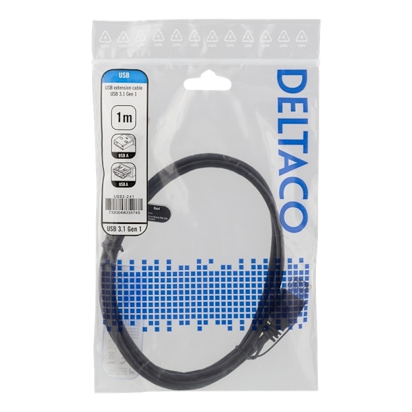 DELTACO USB 3.1 Gen1 Förlängningskabel, 1m, USB-A hane till USB-A hona