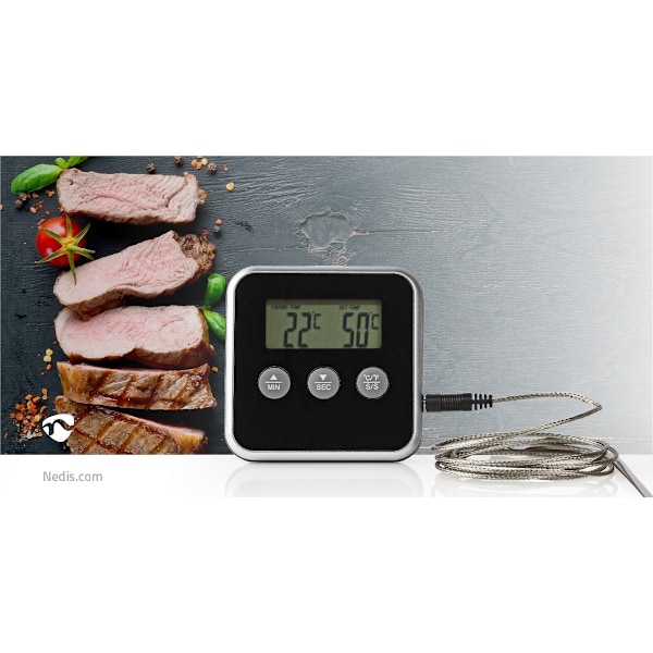 Nedis Kød Termometer | Alarm / Timer | LCD Display | 0 - 250 °C | Sort / Sølv