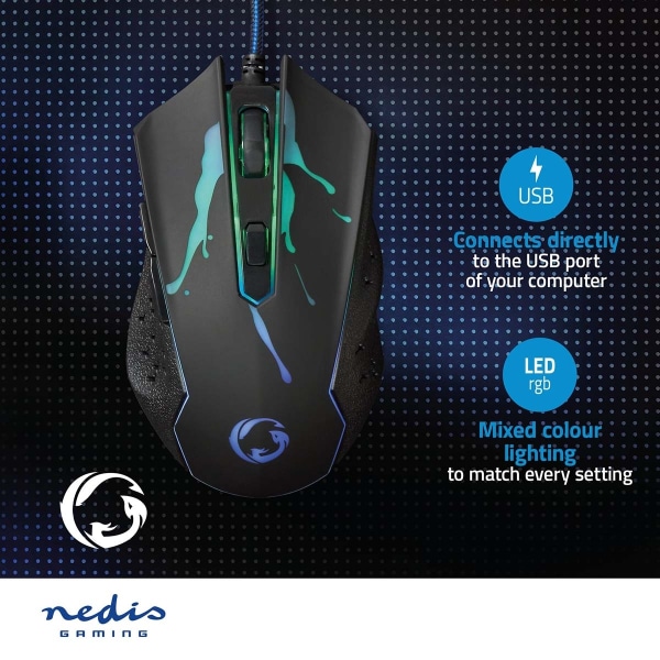 Nedis Gaming Mouse | Kabel | 1200 / 1800 / 2400 / 3600 dpi | Justerbar DPI | Antal knapper: 6 | Programmerbare knapper | Højrehåndet | 1.50 m | LED