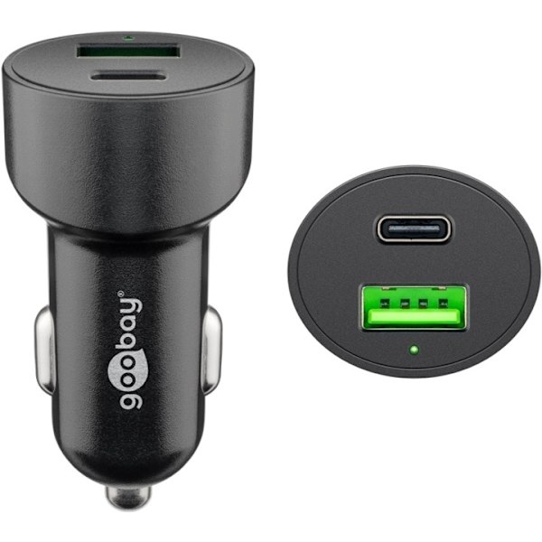 Goobay Dubbel USB-billadare USB-C™ PD (Power Delivery) (48 W) 48 W (12/24 V) USB-A/USB-C™ lämplig för enheter med USB-C™ (Power Delivery), t.ex. iPhon Svart