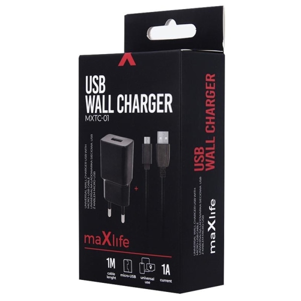 Maxlife Väggladdare MXTC-01 USB (1A) + microUSB-kabel, Svart