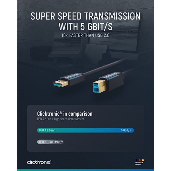 ClickTronic Adapterkabel från USB-A till USB-B 3.0 Premiumkabel | USB A-kontakt  USB B 3.0-kontakt | 3,0 m | 5 Gbit/s