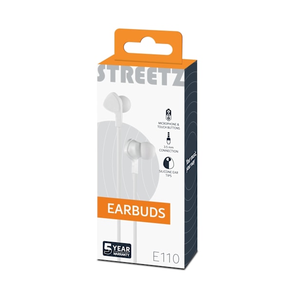 STREETZ In-ear hörlurar med mikrofon, media/svarsknapp, 3.5 mm, trasse Vit