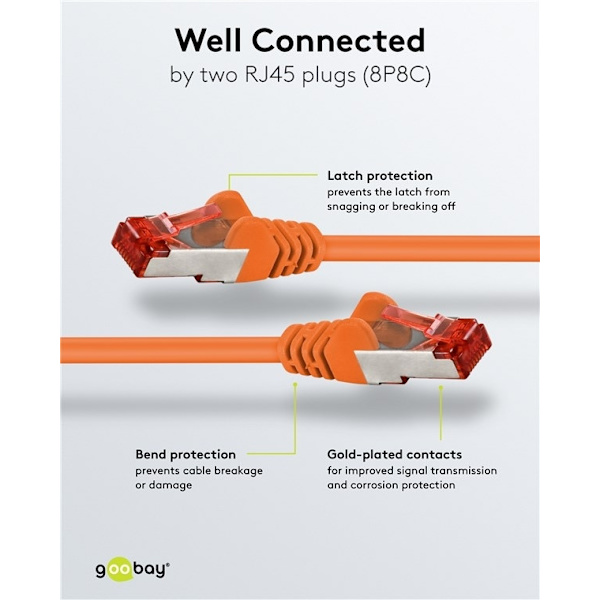 Goobay Patchkabel CAT 6, S/FTP (PiMF), orange, 2 m kopparledare (CU), halogenfri kabelhölje (LSZH)