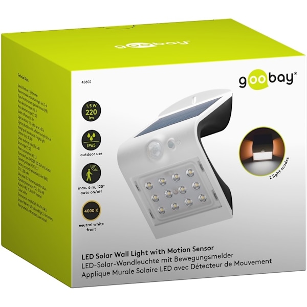 Goobay LED-solcelle-væglampe med bevægelsessensor, 1,5 W neutral hvid lysløsning til indgange, carporte og trapper