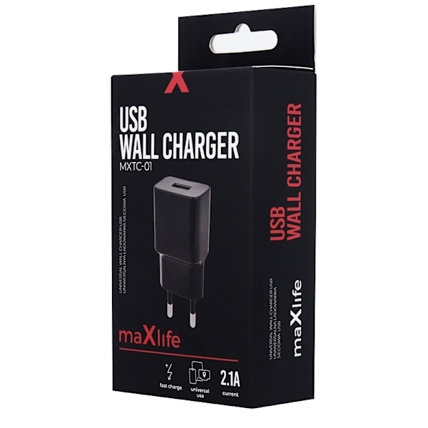 Maxlife USB-snabbladdare MXTC-01, med fast Charge, 2,1A, svart
