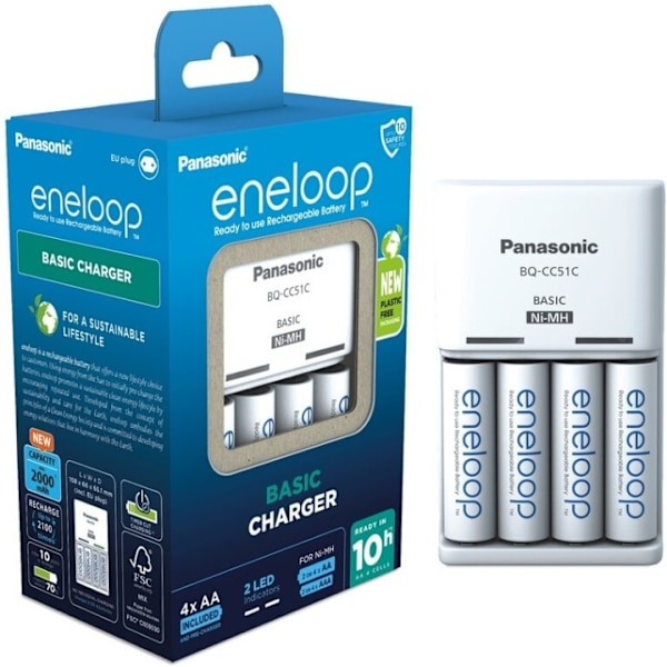 Panasonic Eneloop BQ-CC51 lader + 4 stk. 2000 mAh AA-batterier Hvid