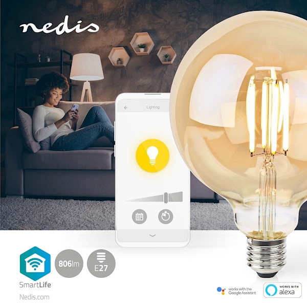 Nedis SmartLife LED Filamenttilamppu | Wi-Fi | E27 | 806 lm | 7 W | Lämmin Valkoinen | 1800 - 3000 K | Lasi | Android™ / IOS | Globe | 1 kpl