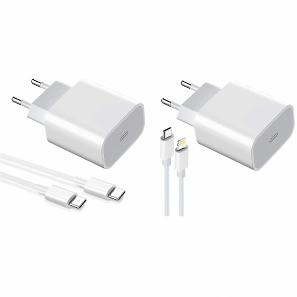 2-pak oplader til iPhone / Android 20W med USB-C til Lightning og USB-C - Hurtigoplader
