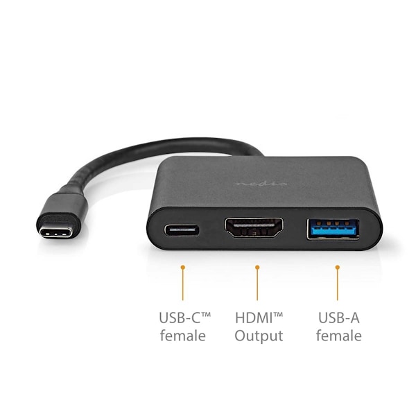 Nedis USB N Moniporttisovitin | 3-in-1 | USB 3.2 Gen 1 | USB-C™ Uros | HDMI™ Ulostulo / USB-A Naaras / USB-C™ Naaras | 5 Gbps | 0.10 m | Pyöreä | Nikl