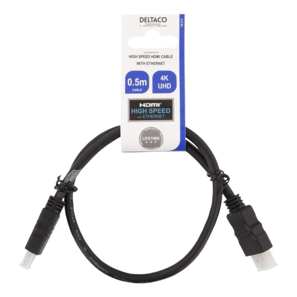 DELTACO HDMI-kaapeli, CCS, HDMI High Speed w/Ethernet, 0,5m, musta