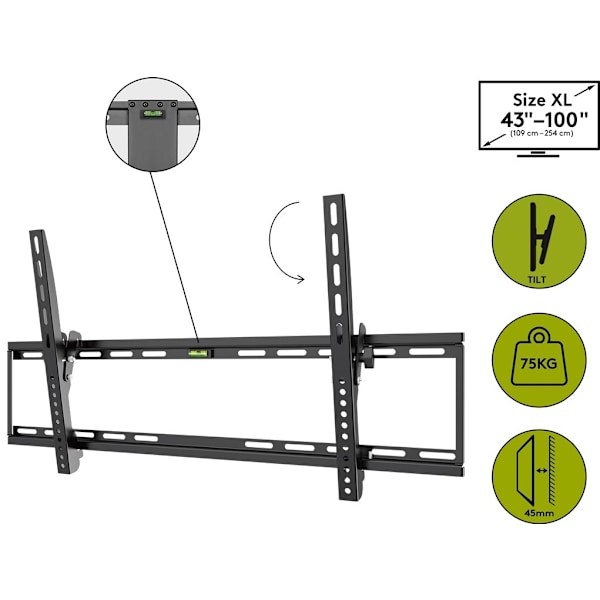 Goobay TV-seinäkiinnike Basic TILT (XL) 43-100 tuuman (109-254 cm) televisioille, kallistettavissa 75 kg:n painoon asti