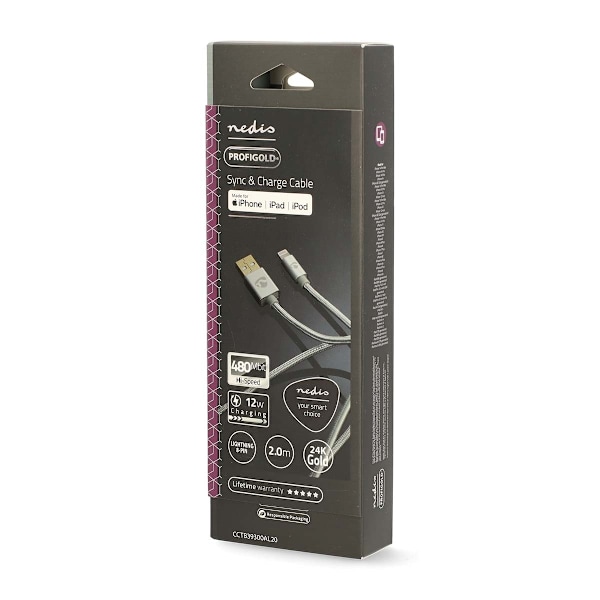 Nedis Lightning Kaapeli | USB 2.0 | Apple Lightning 8-Pin | USB-A Uros | 480 Mbps | Kullattu | 2.00 m | Pyöreä | Nailon / Punottu | Alumiini | Laatikk