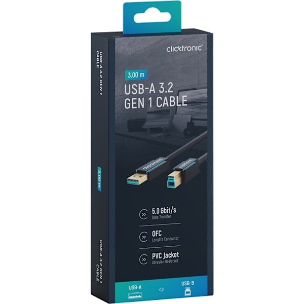 ClickTronic Adapterkabel från USB-A till USB-B 3.0 Premiumkabel | USB A-kontakt  USB B 3.0-kontakt | 3,0 m | 5 Gbit/s
