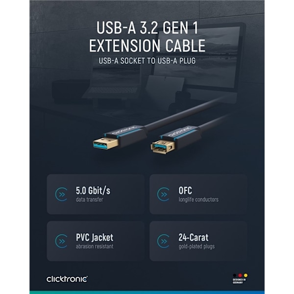ClickTronic Förlängningskabel USB-A Premiumkabel | USB A hane  USB A hona | 3,0 m | 5 Gbit/s