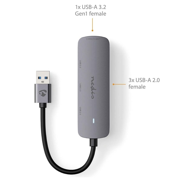 Nedis USB-keskitin | USB-A Uros | 4x USB A Female | 4-Porttinen port(s) | USB 2.0 / USB 3.2 Gen 1 | USB Virta