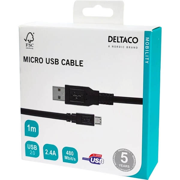 DELTACO USB 2.0 kabel till Micro-USB kabel, 1m (MICRO-101)