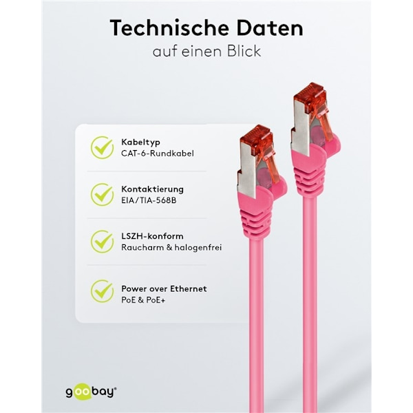Goobay Patchkabel CAT 6, S/FTP (PiMF), magenta, 50 m kopparledare (CU), halogenfri kabelhölje (LSZH)