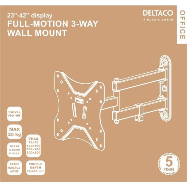 DELTACO Office, full-motion 3-way wall, 23"-42", 25kg, 75x75-200-200