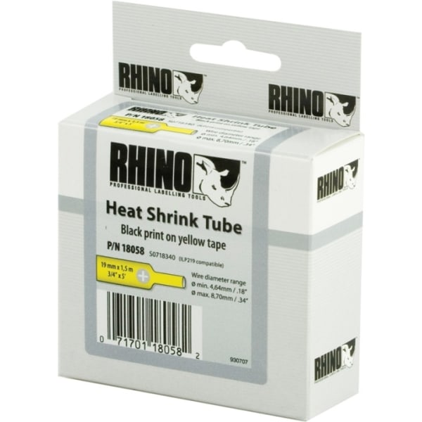 DYMO RhinoPRO, shrink tubing, 19x1,5 mm, sort tekst på gul tape,