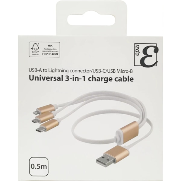 EPZI Multiladdare, USB-C, Lightning, Micro USB, USB-A, 50cm, vit