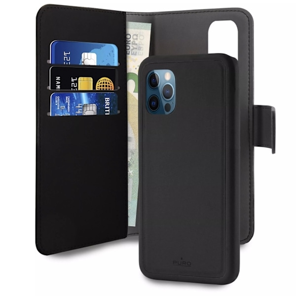 Puro iPhone 12 Pro Max, EcoLeather Wallet Detach, sort Svart