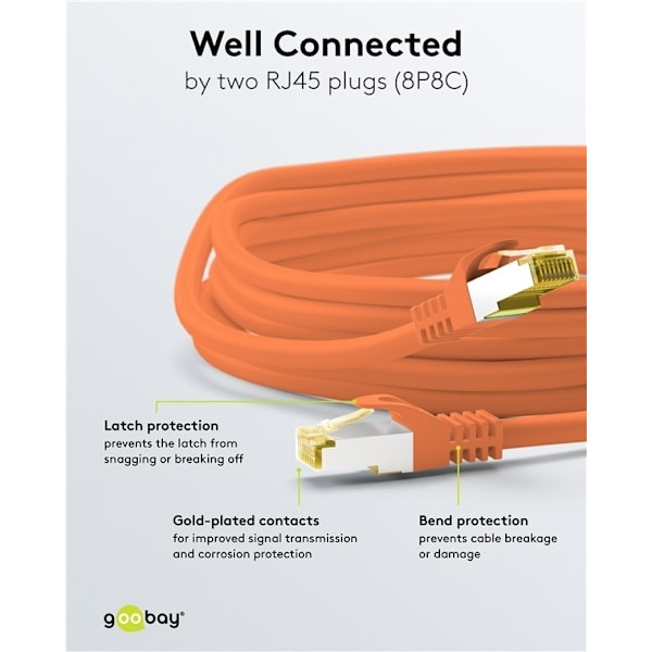 Goobay RJ45 netværkskabel S/FTP (PiMF), 500 MHz, med CAT 7 råkabel, orange, 25 m LSZH halogenfri kabelkappe, kobber, RJ45-hanstik (CAT 6A)