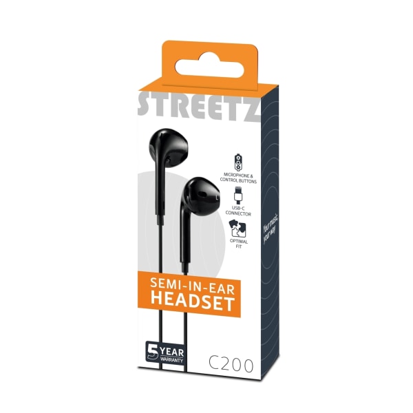 streetz C200 Semi-in-ear earphones, 3-button, USB-C, black Svart
