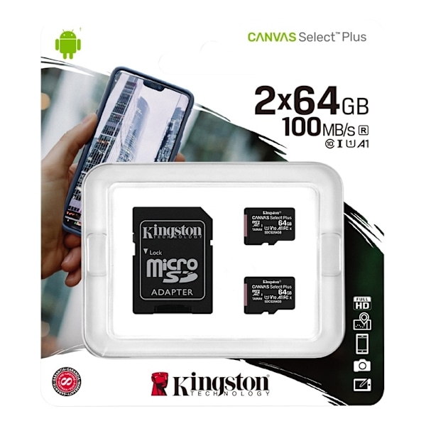 Kingston 64GB micSDXC Canvas Select Plus 100R A1 C10 2-pack + 1 ADP