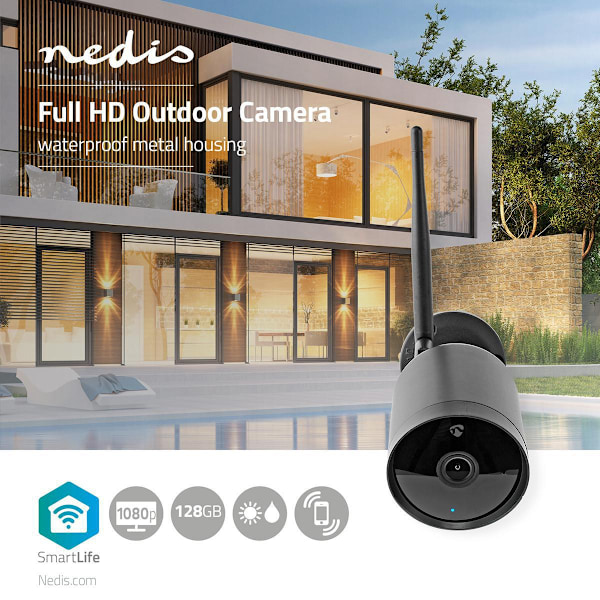 Nedis SmartLife Utomhus Kamera | Wi-Fi | Full HD 1080p | IP65 | microSD (ingår inte) / Molnlagring (tillval) | 12 V DC | Med rörelsesensor | Nattsikt