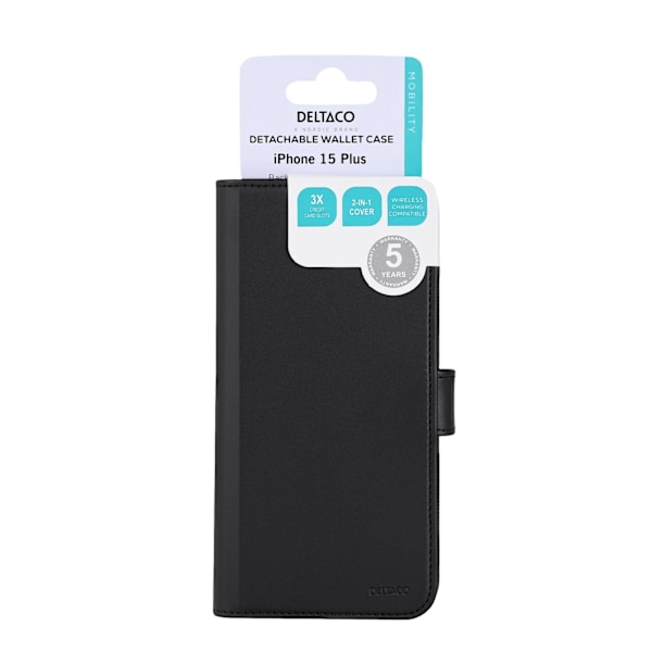 DELTACO Wallet case, 2-in-1, iPhone 15 Plus, magnetic cover, black Svart