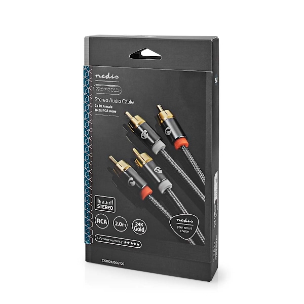 Nedis Stereoäänikaapeli | 2x RCA uros | 2x RCA uros | Kullattu | 2.00 m | Pyöreä | Gun Metal Harmaa / Harmaa | Laatikko kannella ja ikkunalla