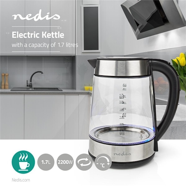 Nedis Elkedel | 1.7 l | Glas | Gennemsigtig | 60,70,80,90,100 °C | Temperaturindikator | Drejelig 360 grader | Skjult varmeelement | Strix®-controller