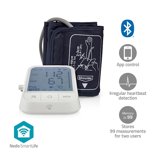 Nedis SmartLife Blodtrycksmätare | Arm | Bluetooth | LCD-skärm | 22 - 42 cm | Indikering av stillestånd / Upptäckt av att manschetten är påslagen / Up