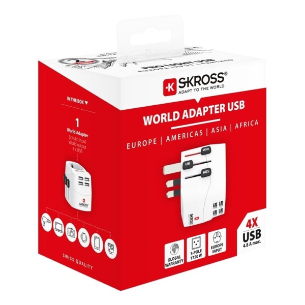 SKROSS PRO Light USB (4xA), 3-pole travel adapter with 4x USB-A