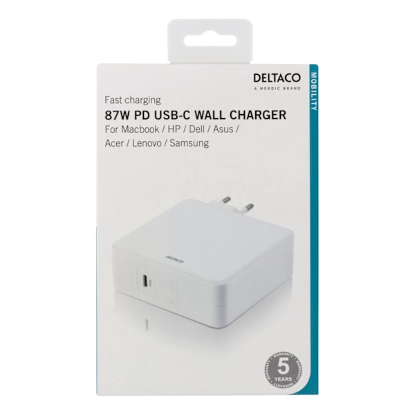 DELTACO 87W USB-C Power supply, Fast charging, USB-C PD, white