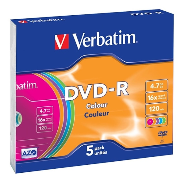 Verbatim DVD-R, 16x, 4,7 GB/120 min, 5-pack slim case, AZO, färgade (43557)