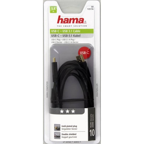 HAMA USB 3.1 -kaapeli USB-C uros - USB-A 1,8 m kullattu TL