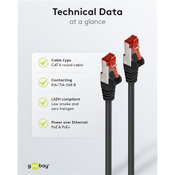 Goobay Netværkskabel CAT 6, S/FTP (PiMF), sort, 0,5 m kobberleder (CU), halogenfri kabelkappe (LSZH)