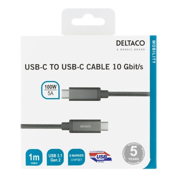 DELTACO USB-C SuperSpeed cable, 1m, braided, USB 3.1 Gen 2, 10 Gbps, 1