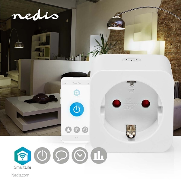 Nedis SmartLife Smart Plug | Wi-Fi | IP21 | Effektmåler | 3680 W | Type F (CEE 7/3) | 0 - 55 °C | Androidâ„¢ / IOS | Hvid | 1 stk