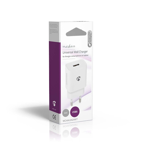 Nedis Väggladdare | 12 W | Snabbladdnings funktion | 1x 2.4 A A | Antal utgångar: 1 | USB-A | Utan kabel | Single Voltage Output | Vit